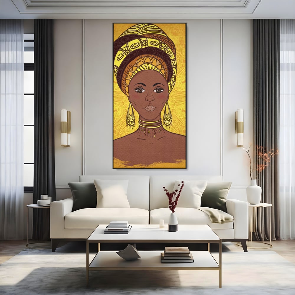 Tablou canvas cu ilustratie digitala cu femeie africana, in rama de aluminiu negru, pe perete intr-un living